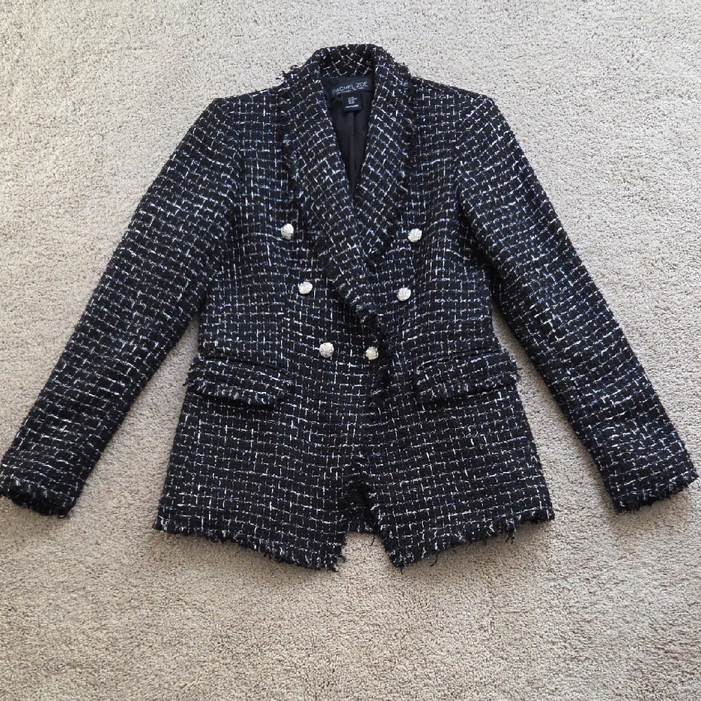 Rachel Zoe Black and White Tweed Double-Breasted Blazer